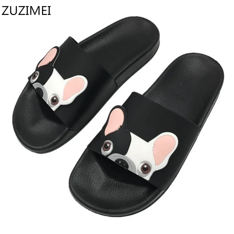 

Women's Slippers Leather 2018 Summer Women Open Toe Beach Slippers Bulldog Seaside Shoes Indoor Home Casual Woman Slides ZUZIMEI