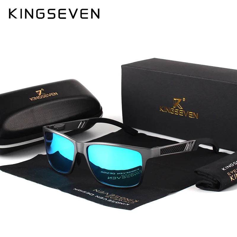 KINGSEVEN Brand Men's Glasses Square Polarized Sunglasses UV400 Lens Eyewear Accessories Male Sun Glasses For Men/Women - Цвет линз: Gray Blue