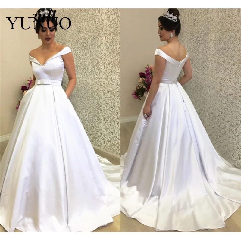 Mbcullyd Sexy Off Shoulder Wedding Dresses 2019 Luxury Satin Vestido De Noiva Shining Beading Plus Size Princess Bridal Gowns_