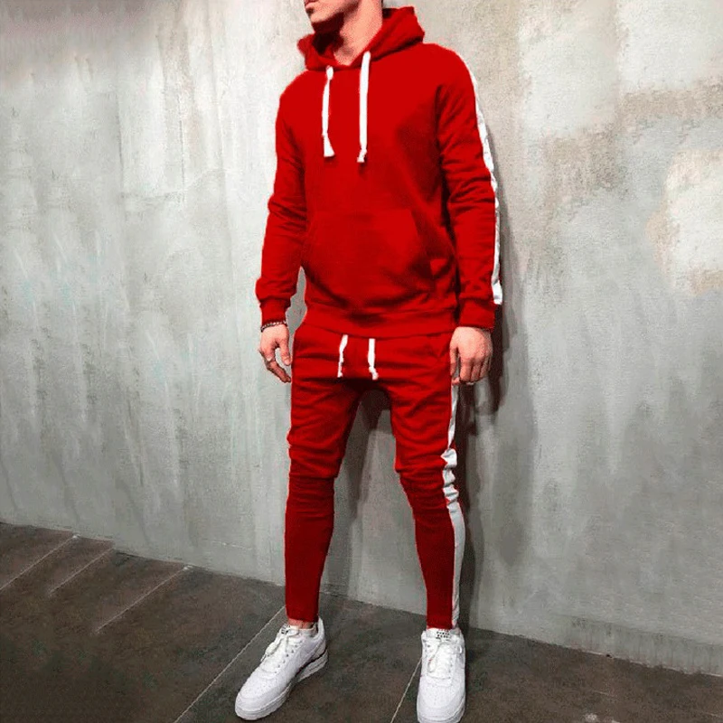 

New spring autumn trend men hooded spell solid color muscle sports casual explosion pocket sweater tracksuit men 2 pieces set