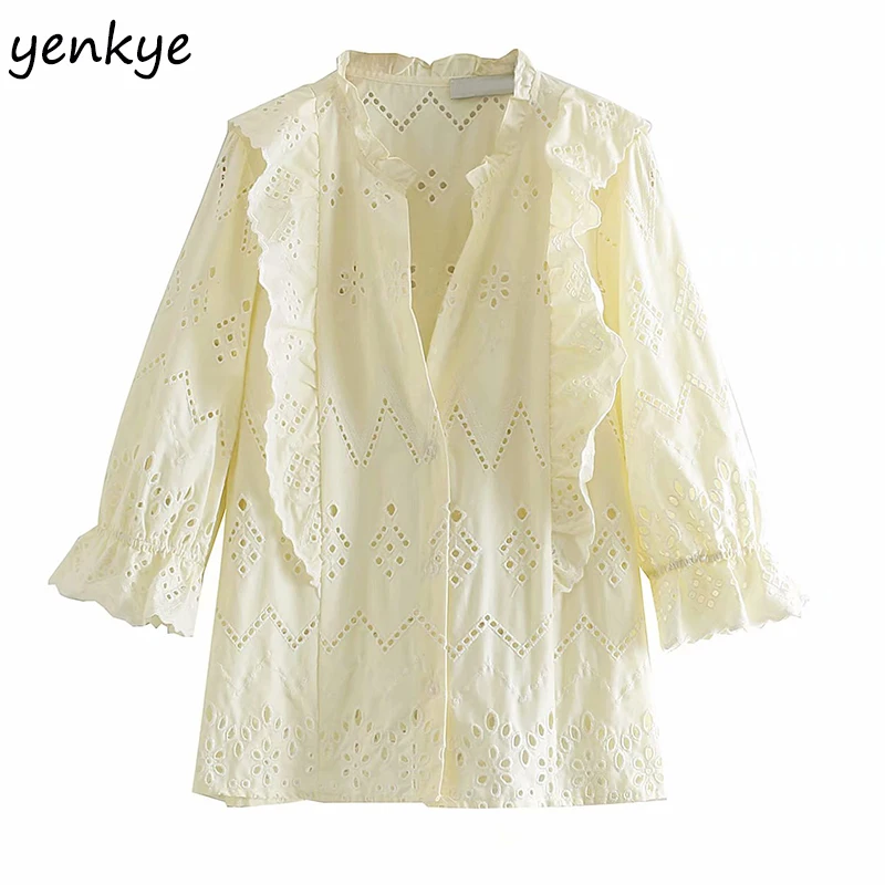 

Modis 2019 Women Sexy Openwork Embroidery Blouse Female Half Sleeve V Neck Ruffle Summer Tops Brand Blusa BBWM9308