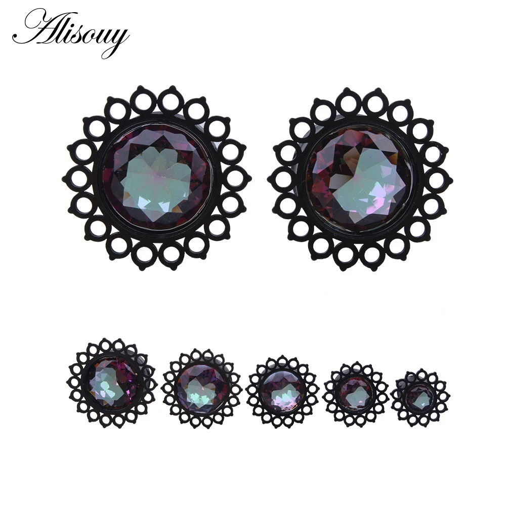 

Alisouy New Arrival 1Pair Zircon Stainless Steel Black Flower Design Saddle Ear Plug Tunnel Jewelry Body Piercing 8-16mm Choose