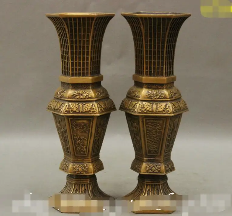 

S03847 11" Chinese Bronze Auspicious Scalewing Lotus Flower Statue Bottle Vase Pot Pair
