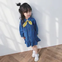 New Korean Girls Lace Denim Dress Children's Single-breasted Long-sleeved Dress New Korean Girls Lace Denim Dress Children's Single-breasted Long-sleeved Dress