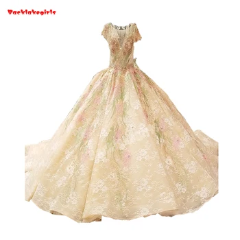 

Backlakegirls Champagne Wedding Dress With Colorful Embroidery Lace Flower Heavy Beaded Off Shoulder Bridal Gowns 2018 Hot Sale