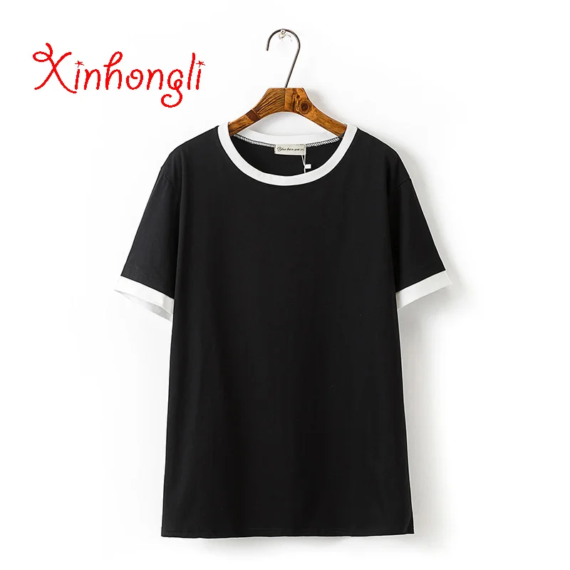 Online Camisetas de mujer de algodón de color sólido de talla grande para mujer 2019 camisetas de verano con cuello redondo para mujer camisetas blancas y negras de manga corta