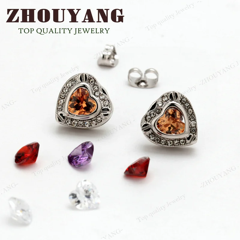 ZHOUYANG Top Quality Three Colour CZ Heart Silver Color Stud Earrings Jewelry Austrian Crystal Wholesale ZYE309