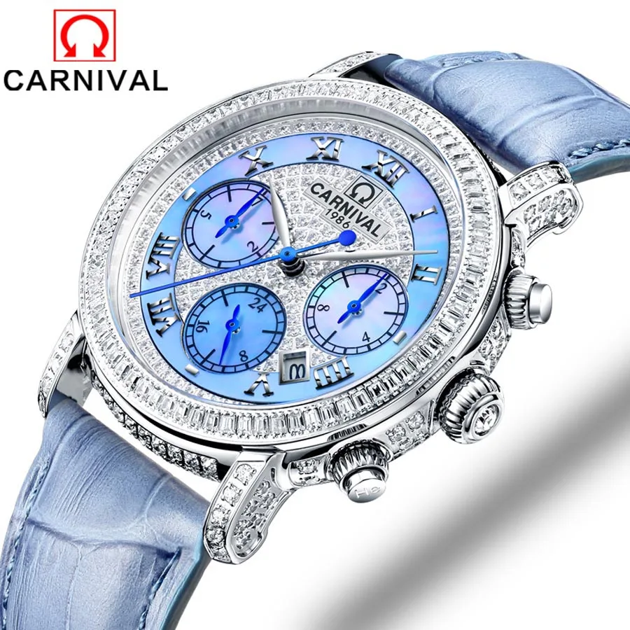 

Carnival brand women watches skeleton mechanical watch white leather band ladies simple fashion casual clock relogio femininos