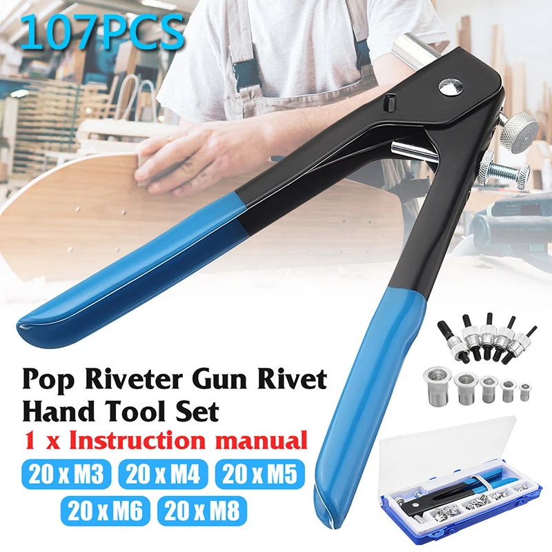 

107pcs/Set M3/M4/M5/M6/M8 Crimping Nuts in Blind Threaded Insert and Rivet Gun Tool Accessories Rivet Mandrels Tools Kit