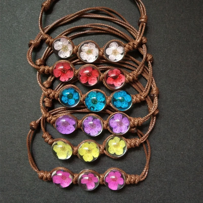 

Handmade Dry Pressed Flower Cherry Blossom Glass Cover Woven Leather Bracelets