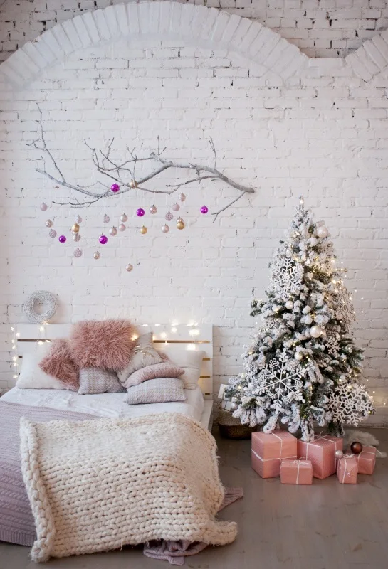 

Laeacco Christmas Tree Bed Pillow Branch Gifts Light Photography Backgrounds Customized Photographic Backdrops For Photo Studio