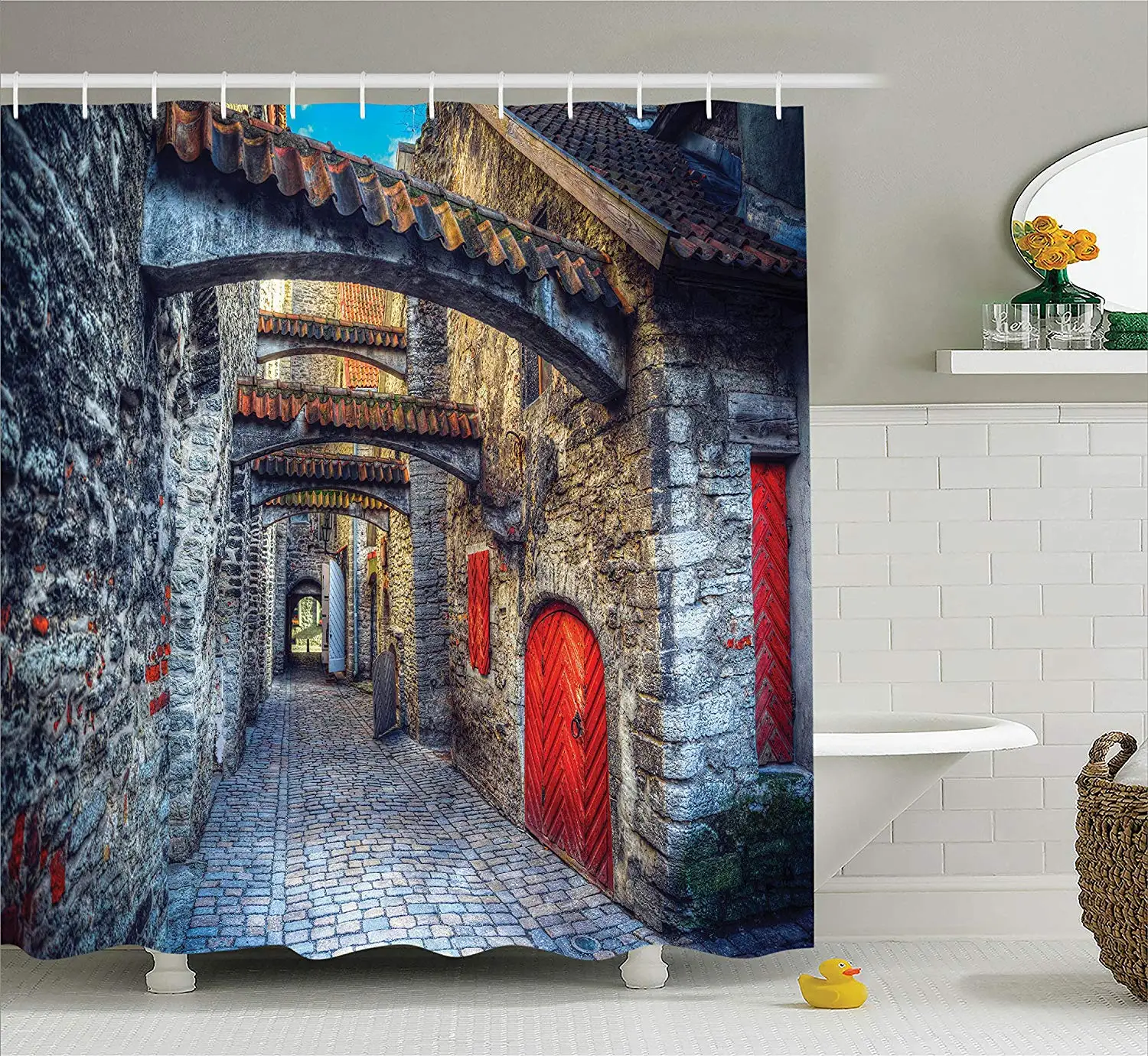 

Medieval Decor Shower Curtain Old Stone Street with Stone Passage in Estonia Medieval Town Heritage Photo Art Bath Accessories
