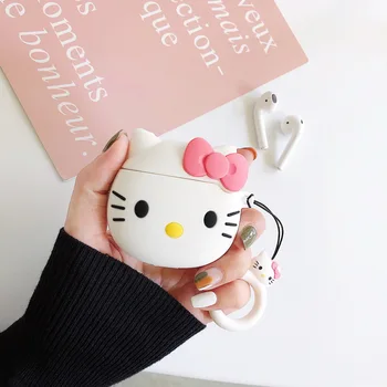 

HELLO-KITTY 3D SOFT Silicone cute cartoon lovely case for Airpods girl sister gift cat kitten earphone cover with keychain hook