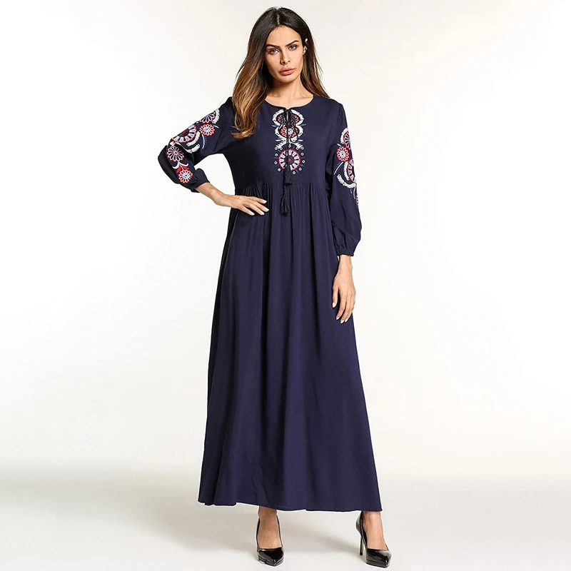 

Casual Embroidery Maxi Dress Ethnic Abaya Tassels Skirt Kimono Long Robe Gowns Muslim Ramadan Middle East Arab Islamic Clothing