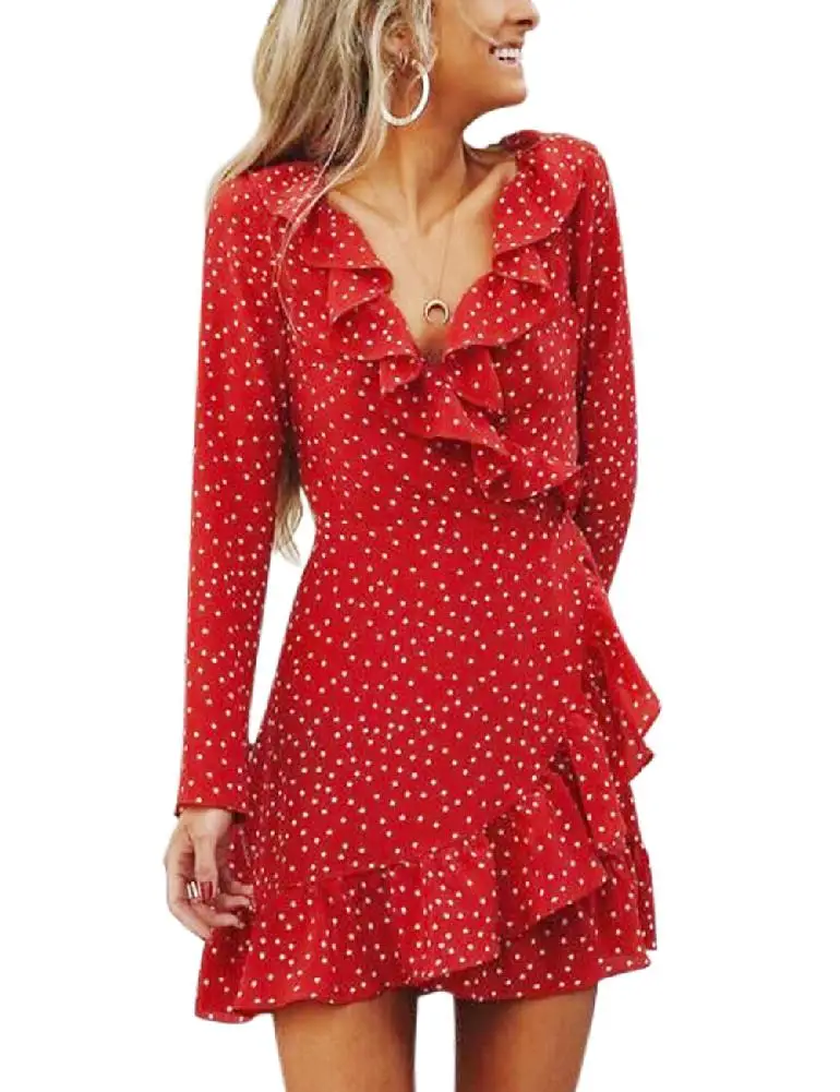 

Yfashion Adult Women Irregular Falbala Stars Deep V-neck Long Sleeve Chiffon Dress