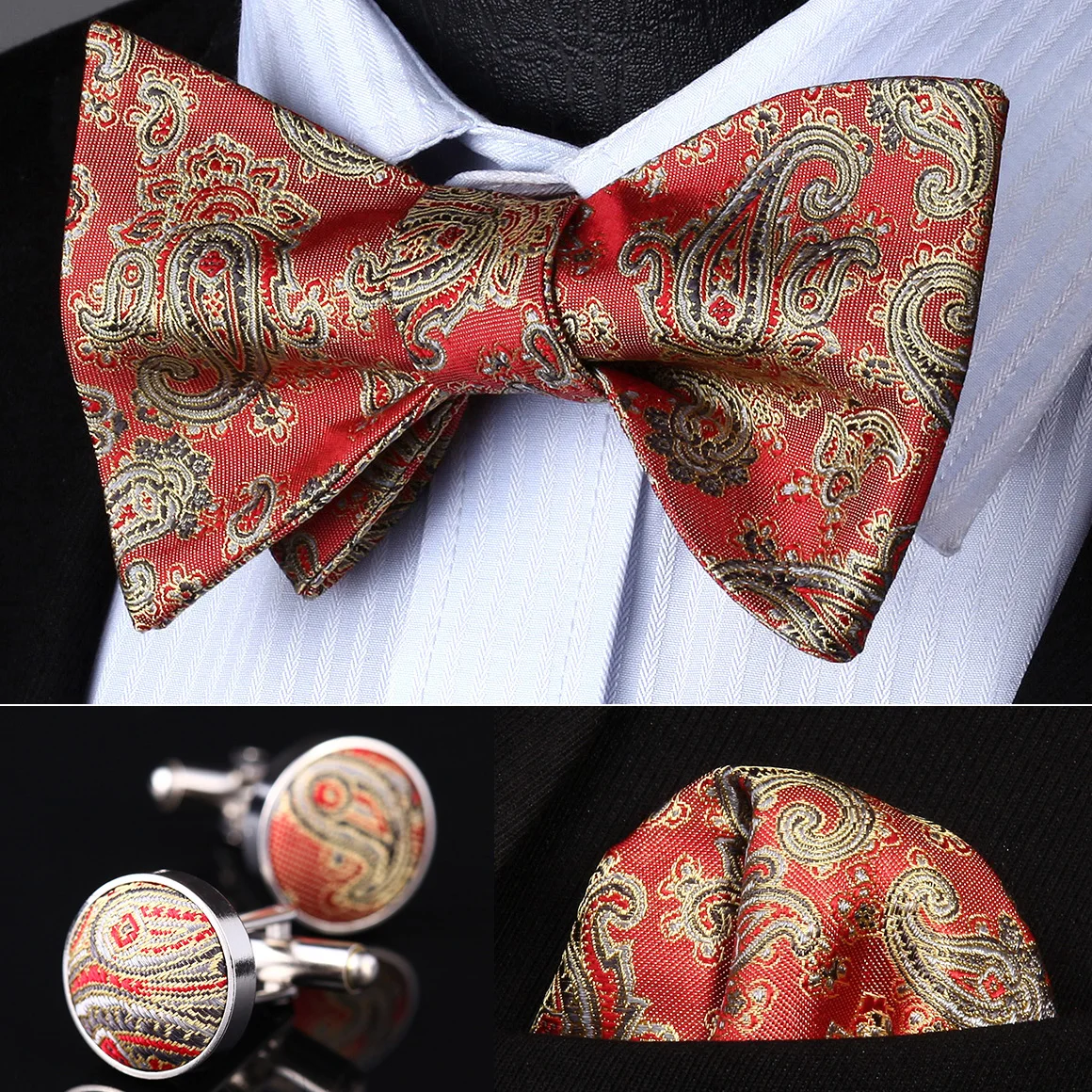 BZP14N Orange Gold Paisley Men Silk Self Bow Tie handkerchief Cufflinks
