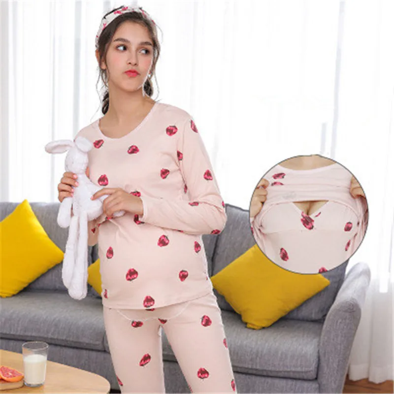 Хлопковая пижама для кормящих мам с длинным рукавом для беременных женщин, открытая по бокам спереди Пижама для кормящих, пижамный комплект для беременных женщин