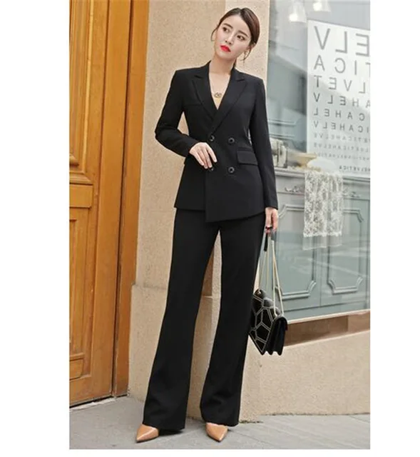 Black Business Pant Suits for Women Plus Size Ladies Double Breasted