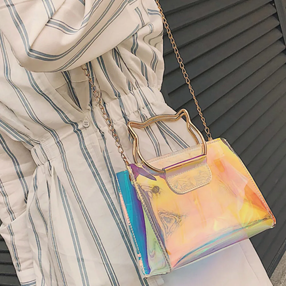 

Women Laser Mini Chain Shoulder Bag Cat Handbag Lnclined Shoulder Flap Bag