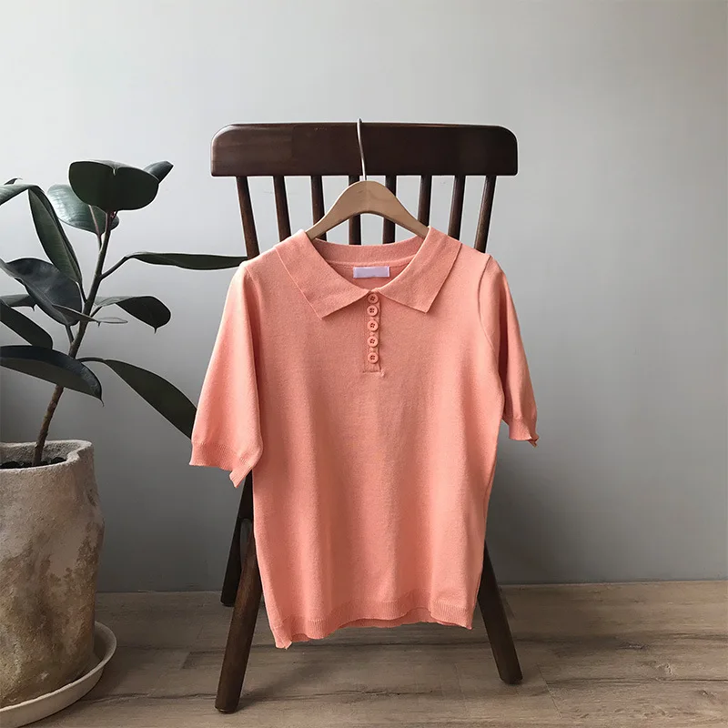 

Fashion Summer Knitted Short Sleeve Woman T Shirt Loose Wild Retro Chic Top Turn-down Collar Polo Shirt Womens Clothing