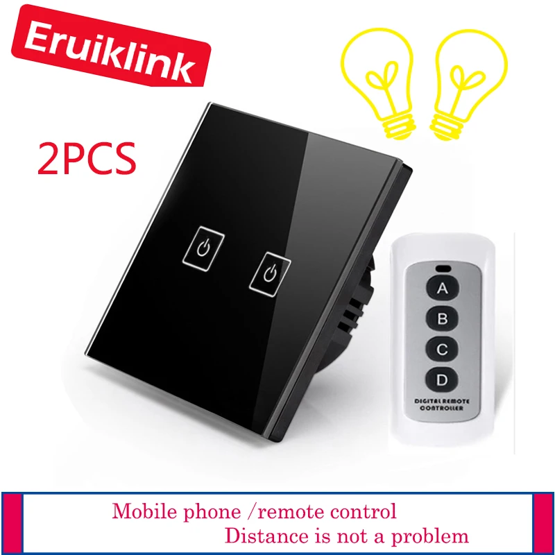 

2PCS Eruiklink 2gang 1way EU/UK Standard RF433 Remote Control Wall Touch Switch, Smart Home Wireless Remote Control Light Switch
