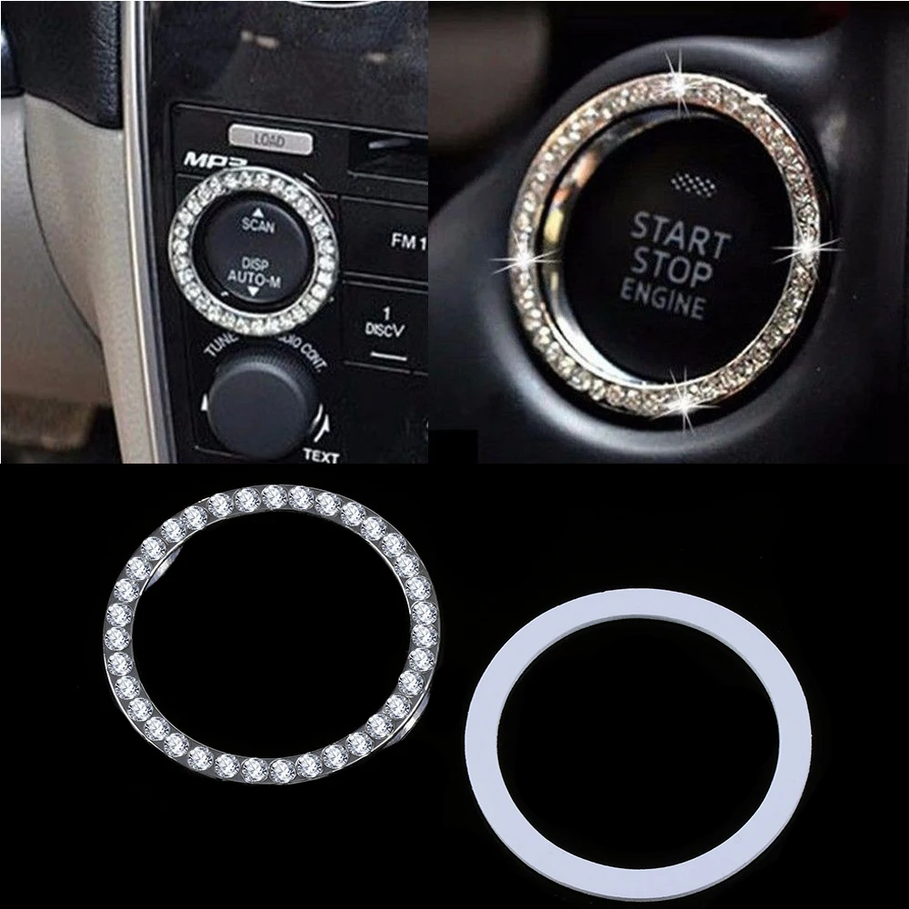 Car SUV Bling DecorAccessories Button Start Switch Button Silver Diamond Ring