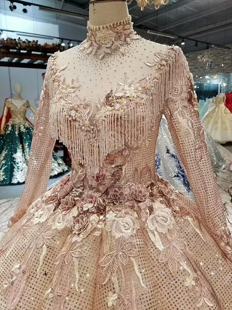2018 Арабская, Дубай золото шампанского сетки пряжа высокой шеи Свадебные платья с открытой спиной волны бальное платье Принцесса Иллюзия