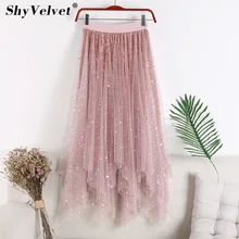 Бархатные тюлевые юбки с блестками, женские осенние гофрированные длинные юбки с высокой талией, Женская Асимметричная пачка, сетчатая плиссированная юбка в стиле пэчворк
