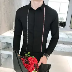 Корейский простой для мужчин рубашка Фирменная Новинка Slim Fit спереди ленты дизайн Мужская классическая рубашка с длинным рукавом