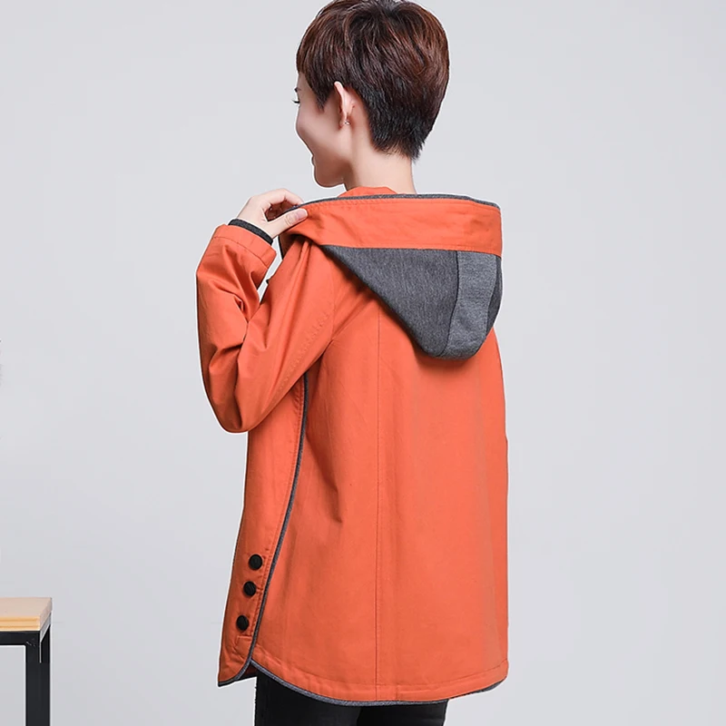 New  Women's Windbreaker 2019 Spring Autumn Casual Wild Jacket Solid Color Middle-Aged Women's HoodedCot