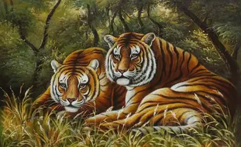 

Artists perfect original art hand-painted oil painting 36x24in on canvas : Tiger couples peep at distant prey .