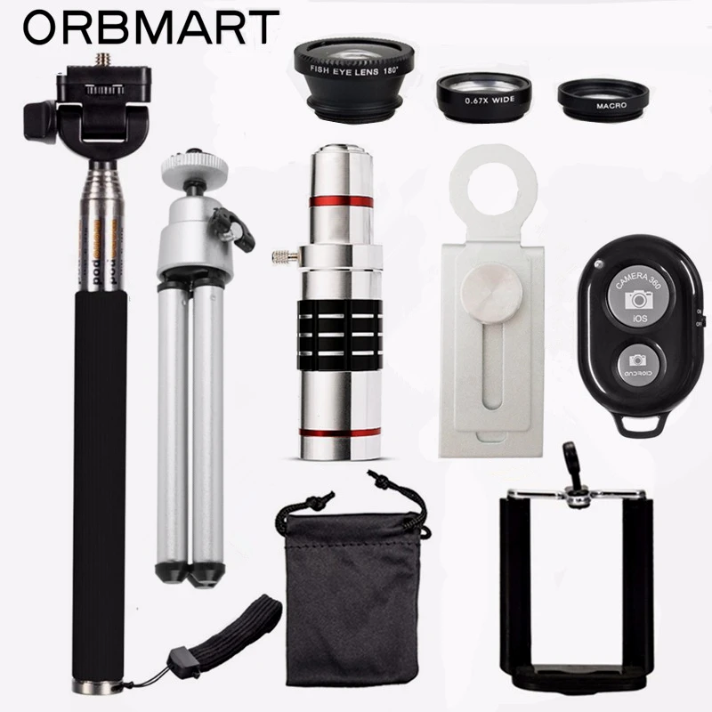 

ORBMART 18X Telescope + 3 in 1 Fish Eye Lens + Extendable Handheld Selfie Stick + Bluetooth Shutter Lense Kit For iPhone Samsung