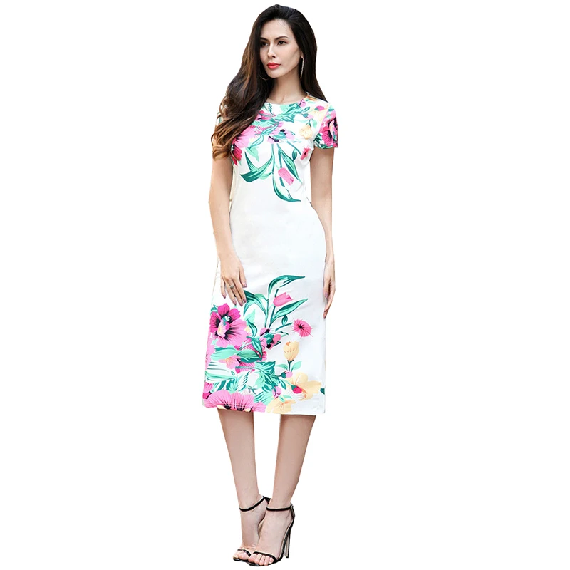 

2019 retro printing autumn and winter women's casual dresses elastic waist round neck short-sleeved pencil dress female