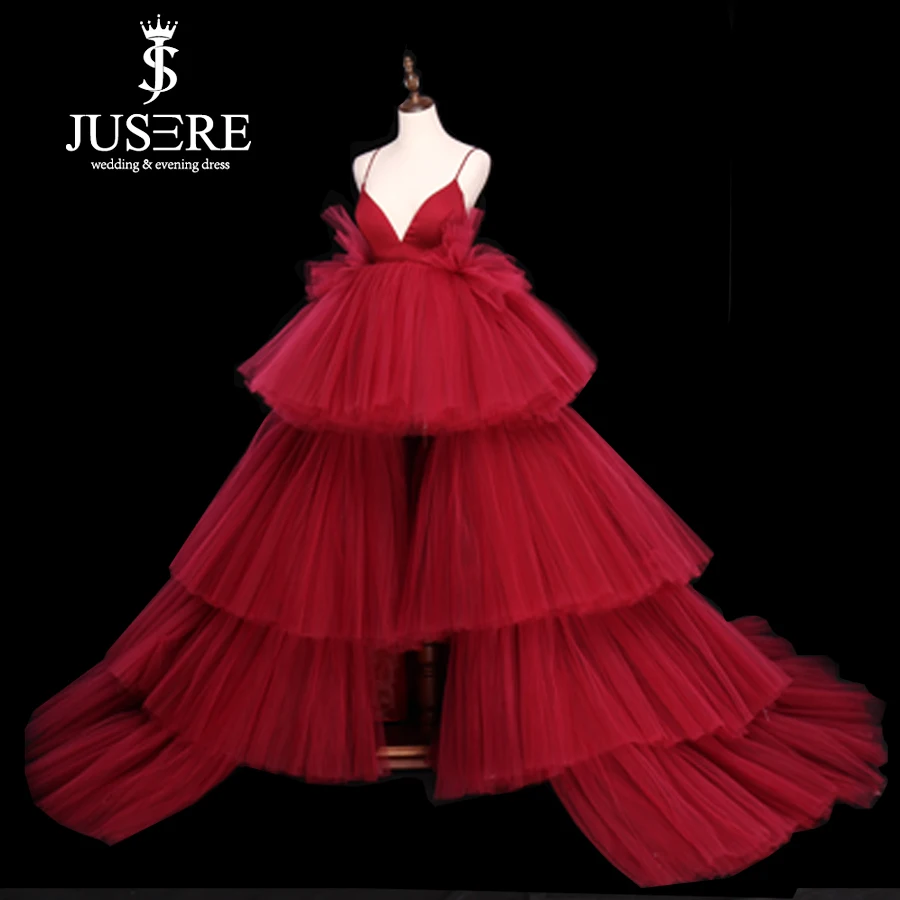 

High Low Spaghetti Strap Tiered red Tulle Celebrity Long Train Sexy Prom Lady Wear Evening Dresses 2019 robe de soiree