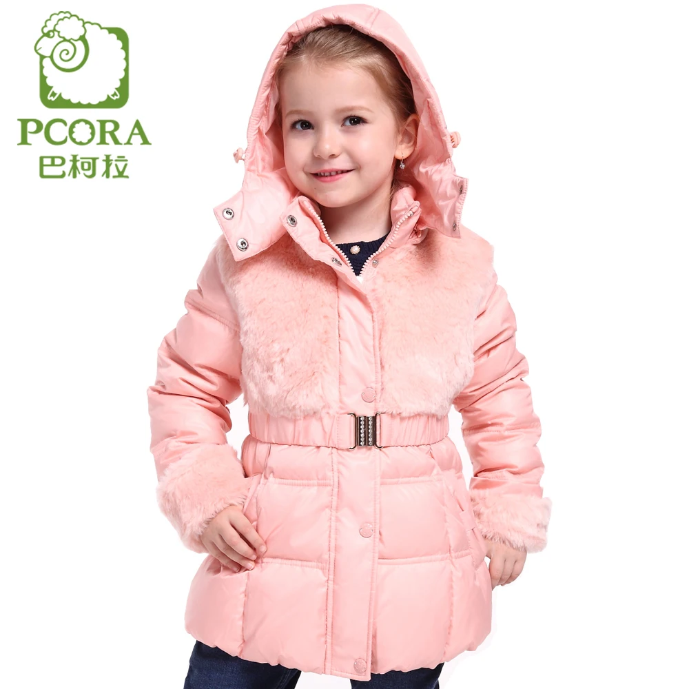 PCORA Winter Jacket for Girls Winter Coats Pink and Khaki White Duck Down Outwear Parkas Belt