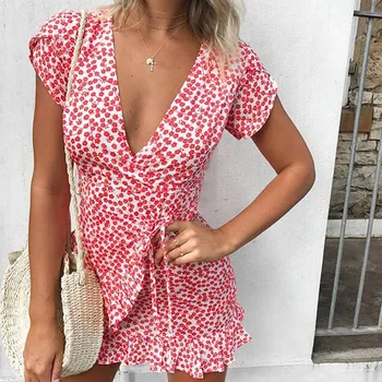 

Vogue Wrap Dress Nice New Floral Printed Women Dresses Boho Chic Tie Waist Sundress Sexy V Neck Ruffles Beach Dress Vestidos