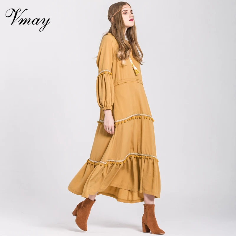 Vmay 2018 New Arrival Women Elegant Bohemian Long Dresses V-Neck Lantern Sleeve Tassel Patchwork Boho Maxi Dress V1710419 | Женская