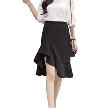 Корейская летняя юбка для Womne Высокая талия юбка «рыбий хвост» Мода Нерегулярные женский, черный Вышивка Крестом Пакет бедра Юбки для женщин