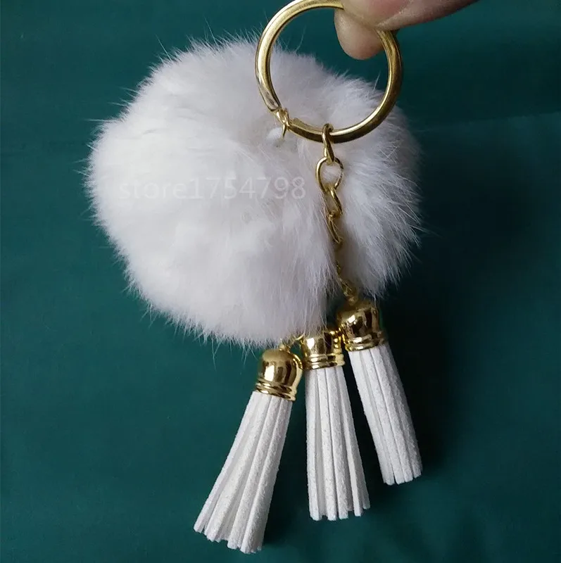 

colorful 3 Tassel 8cm Pompom Keychain Car Keyring Rabbit Fur Ball Keychain Fur Brand Pompons Bag Charms With Chains Keyring