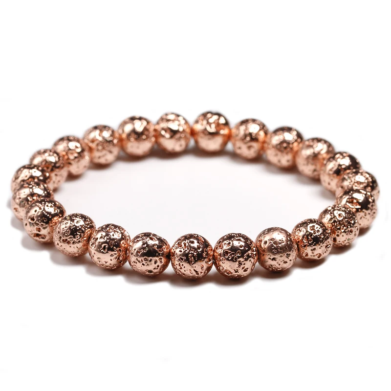 Plating Natural Stone Lava Bracelets Men Fashion 8mm Round Black Beads Elasticity Rope Bracelet for Women Strand Jewelry