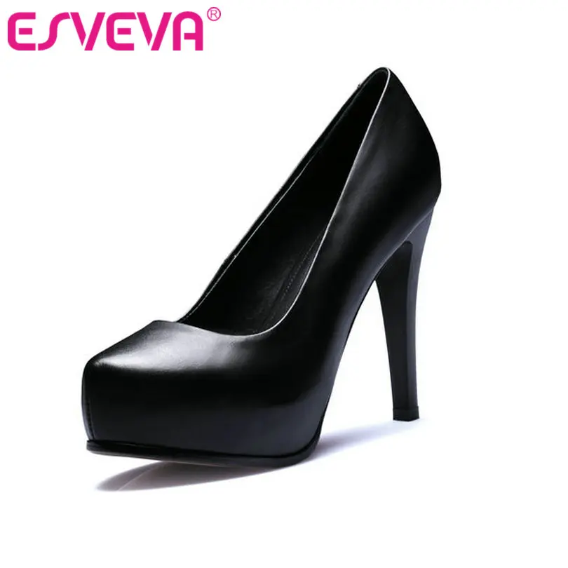 

ESVEVA 2018 Women Pumps Genuine Leather 11CM Thin / Thick High Heel Slip on OL Shoes Platform Spring Ladies Shoes Size 34-39