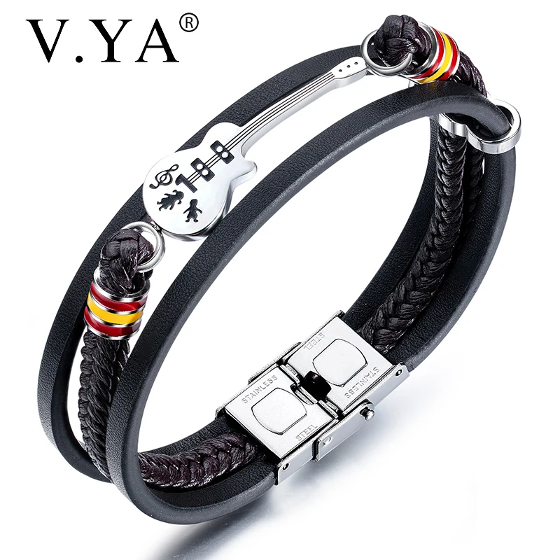 V.YA New Style Guitar Black Bracelet For Male Stainless Steel Braided Multilayers PU Leather Adjustable Bangle Men | Украшения и