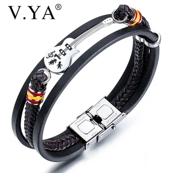

V.YA New Style Guitar Black Bracelet For Male Stainless Steel Braided Multilayers PU Leather Adjustable Braided Bangle For Men