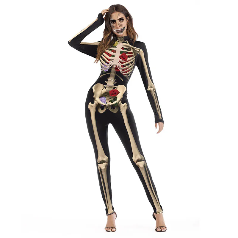 Women Bodysuits Halloween Party Costumes 3D Skull Ghost Clothes Adult Rose Printing Jumpsuits  (7)