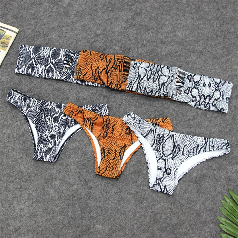 

Fashion Sale Hollow Out Low Waist Swimming Suit For Women Strapless Separate Swimsuit Bandeau Snake Printed Two Piece Bikinis