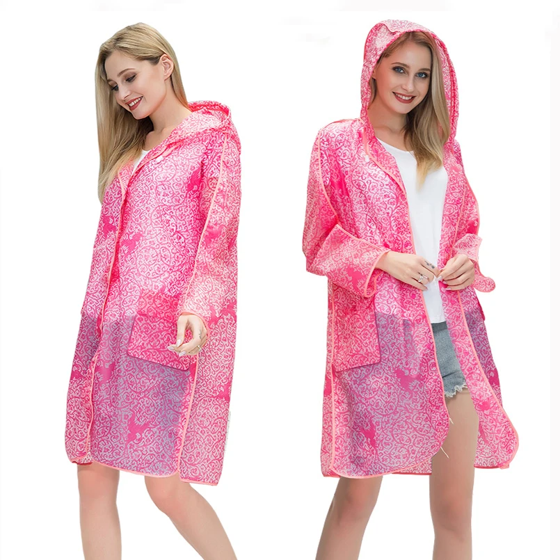 New arrival fashion lace waterproof plastic EVA women hooded long trench Rain Coats adult outdoor rainwear Suit