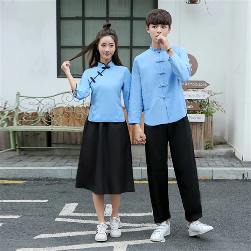 

Chinese Traditional Style Woman Clothing Set Stage Performance Costumes Man Linen Tunic Suit Student School Uniform Tang Suit