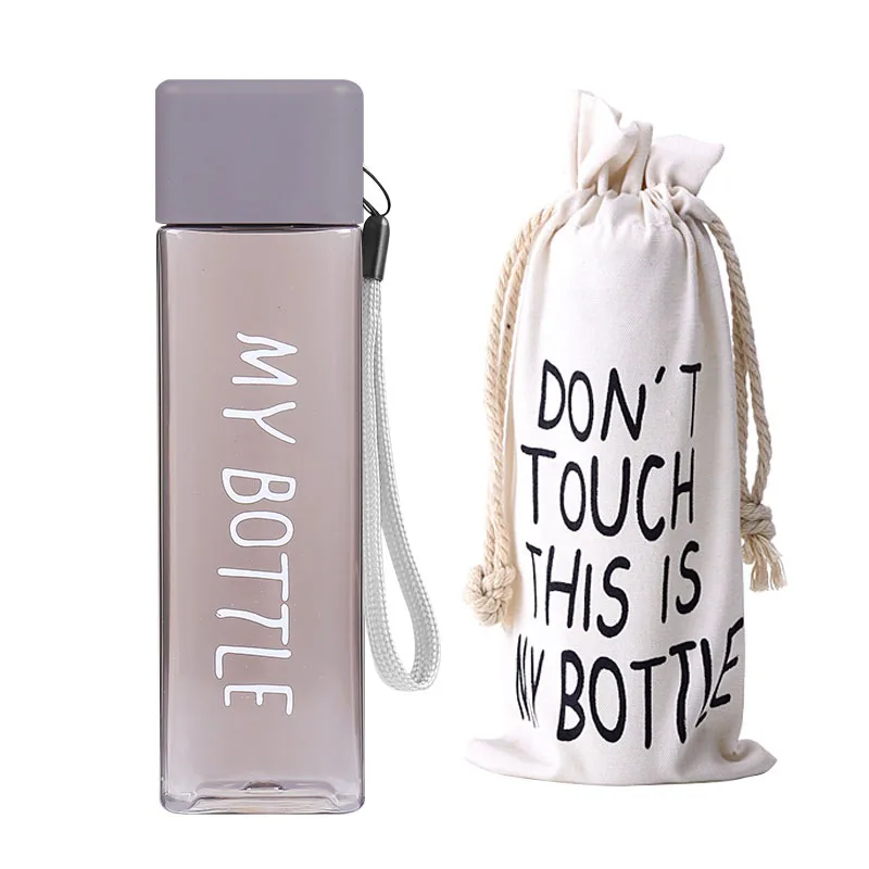 Новые пластиковые бутылки для воды 500 мл My bottle для воды с веревкой, прозрачная Квадратная бутылка для напитков, спортивный корейский стиль, термостойкая - Цвет: gray and bag