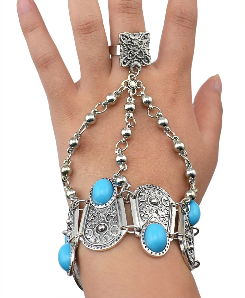 Vintage Finger Bracelet Pulseras Bohemian Gypsy Beach Charm Turkish Coin Pendant Hand Chain Blue Stone Slave Bracelet Bangle