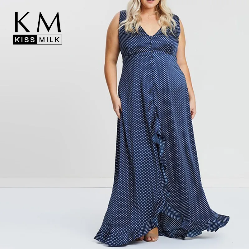 

Kissmilk Plus 2019 New Fashion Plus Size 16-25years Flamen Casual Dot Female Straigh Sleevelesscasual Loose V-neck Dress